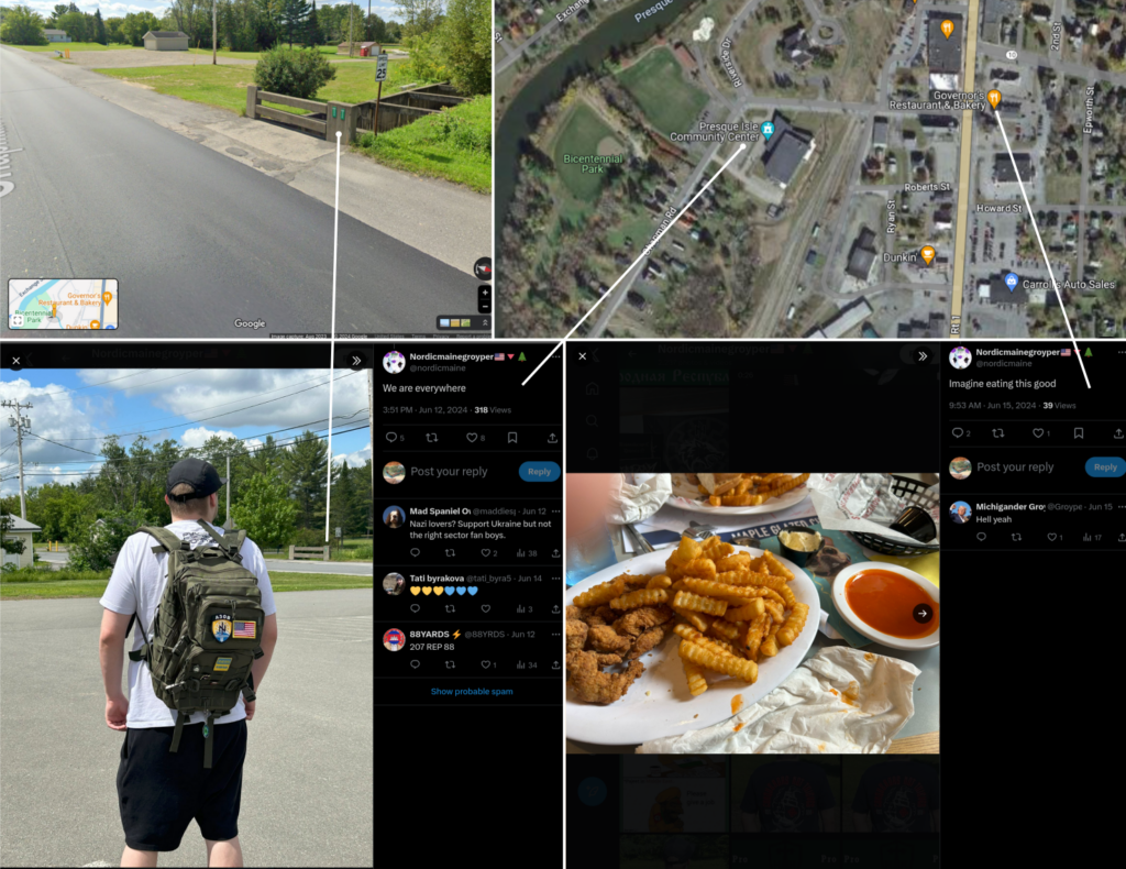 Photo collage showing two of Ian Langille's twitter posts, along with a google maps overhead view showing where the photos were taken.