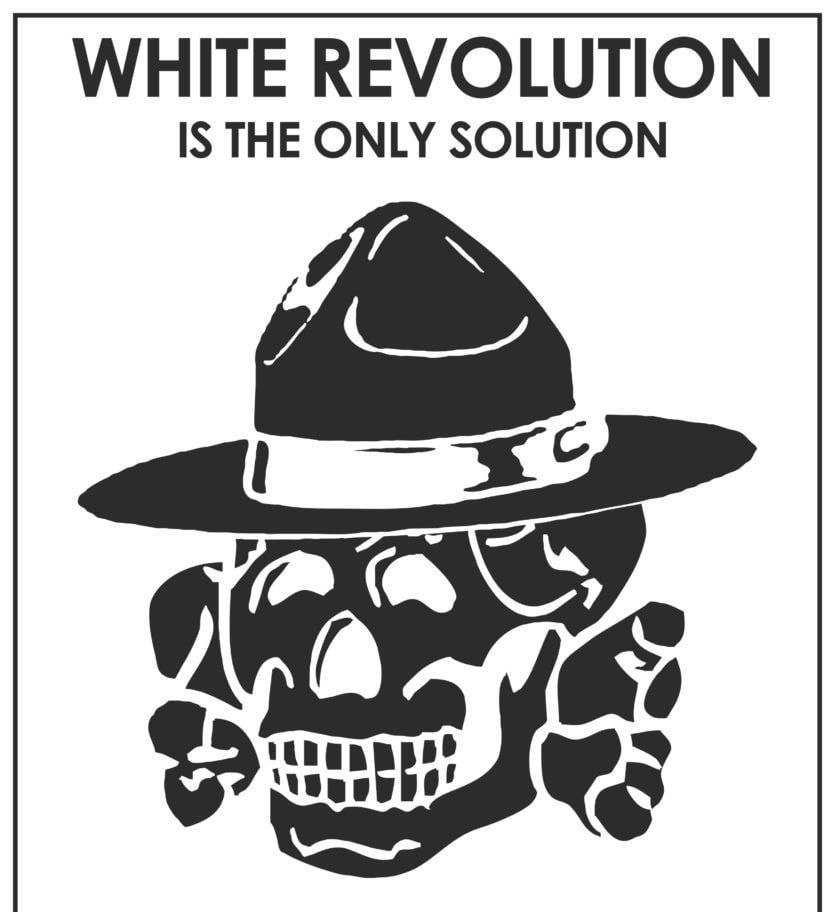 A poster graphic of a particular type of skull and crossbones that is known as the Nazi Totenkapt. The skull has a tiny, awkwardly placed hat on it. The graphic reads: "White Revolution is the only solution."