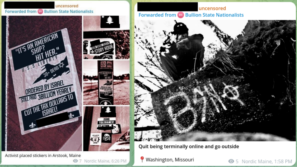 Left: A Telegram post by the Bullion State Nationalists that has been shared on Ian's channel showing a variety of BSN and Nordic Main stickering on various surfaces. The post says, "Activists placed stickers in Arstook, Maine."
Right: A telegram post by Bullion State Nationalists shared by Ian. It shows a man in a skull mask squating above a BSN graffiti tag. The post says, "Quit being terminally online and go outside."