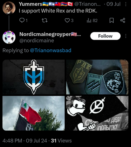 Screenshot of Ian replying to a twitter account that said, "I support White Rex and the RDK." Ian's reply is a series of four pictures that all include various versions of patches or flags with Azov and RDK symbols.