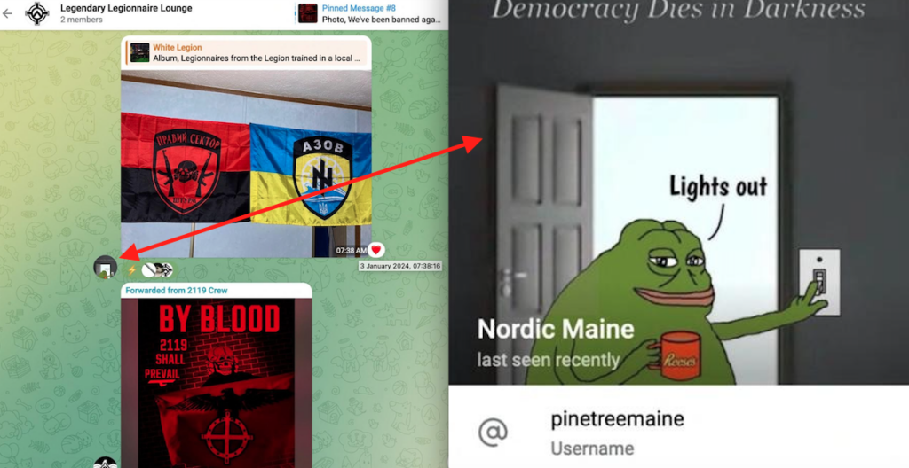 Screenshot of the Legendary Legionnaire Lounge. Nordic Maine is shown posting a picture of flags. His pfp is blown up in the screen to show that it is in fact him. The pfp says Democracy Dies in Darkness and a Groyper frog has his hands on a light switch while saying, "Lights out."