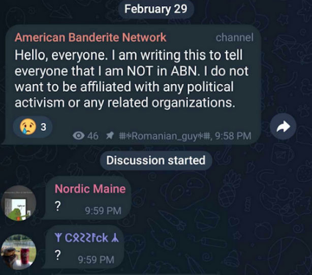 Screenshot of the ABN chat on February 29, 2024. The head of ABN Romanian_guy says, "Hello, everyone. I am writing this to tell everyone that I am NOT in ABN. I do not want to be affiliated with any political activism or any related organizations." Nordic Maine and Cossack reply with question marks.