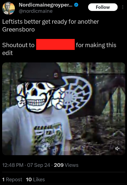 Ian posts a video clip of himself standing in the forest with nazi flags and a totenkapf skull and cross bones with a german helmet covering his face. He says, "Leftists better get ready for another Greensboro. Shoutout to [redacted] for making this edit."