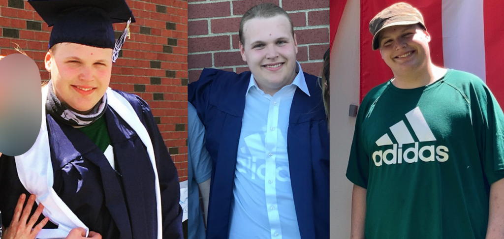 Three separate pictures of an unmasked Ian Langille put together in a montage. In the first he is wearing his high school graduation cap and gown. In the second at the same event he is in a group shot. In a third he is in casual clothes posing in front of a flag. He has a chubby round face and short blond hair.