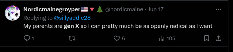 A screenshot of Ian's Nordic Maine Groyper twitter account saying "My parents are gen x so I can pretty much be openly radical as I want."