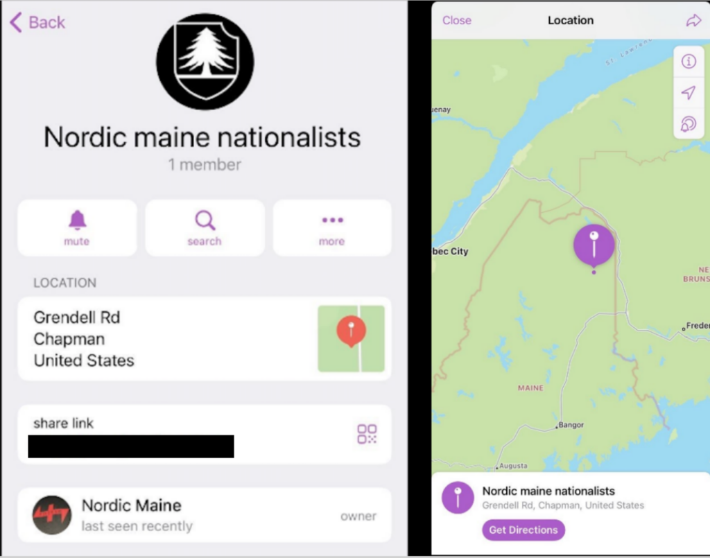 Left: screenshot of a telegram group called "Nordic Maine Nationalists". It shows a location as Grendell Rd, Chapman, United States. There is a geo tag pin next to this information.

Right: The pin link takes you to a map showing right where Ian lives.