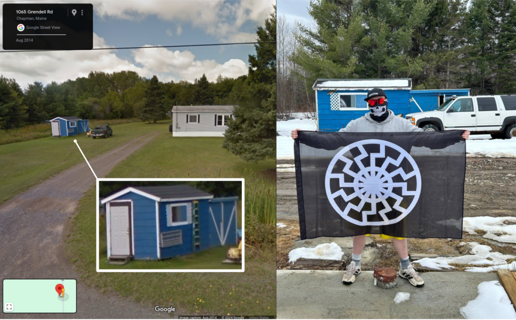 Left: 1065 Grendell Road, as seen on Google Street View. There is a distinctive blue shed next to the house.

Right: Ian Langille wearing a skull mask and holding a sonnenrad flag, standing in front of the same blue shed.