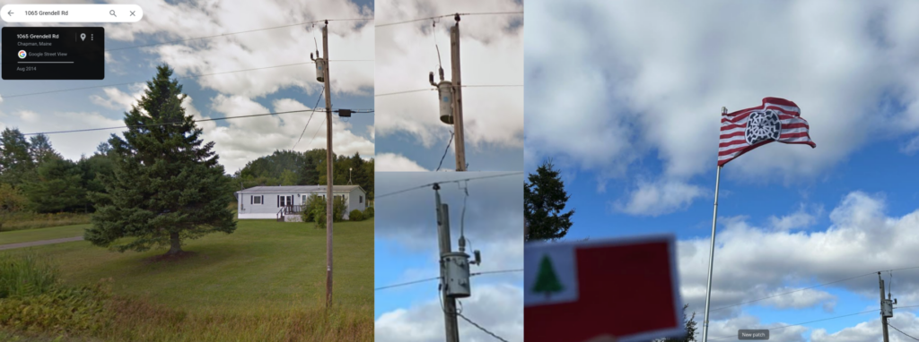 Left: 1065 Grendell Road, as seen on Google Street View. There is an inset showing the transformer on the power pole in front of the house.

Right: Image of a sonnenrad flag that Ian Langille posted to Telegram. There is a power transformer in the background, which is also shown as a zoomed-in inset. 

The power transformer and wiring all match exactly.