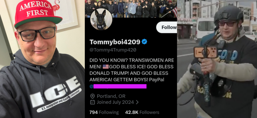 Three phots.
1 - Tommy Allen in a red ball cap that says America First and an ICE hoodie
2 - His twitter profile which has display name Tommyboi4209 and @ handle of Tommy4Trump420. It's just miserable chudspeak in the text.
3 - Pic of Tommy at a protest, wearing a helmet and carrying a megaphoine and a camera on a self stick.